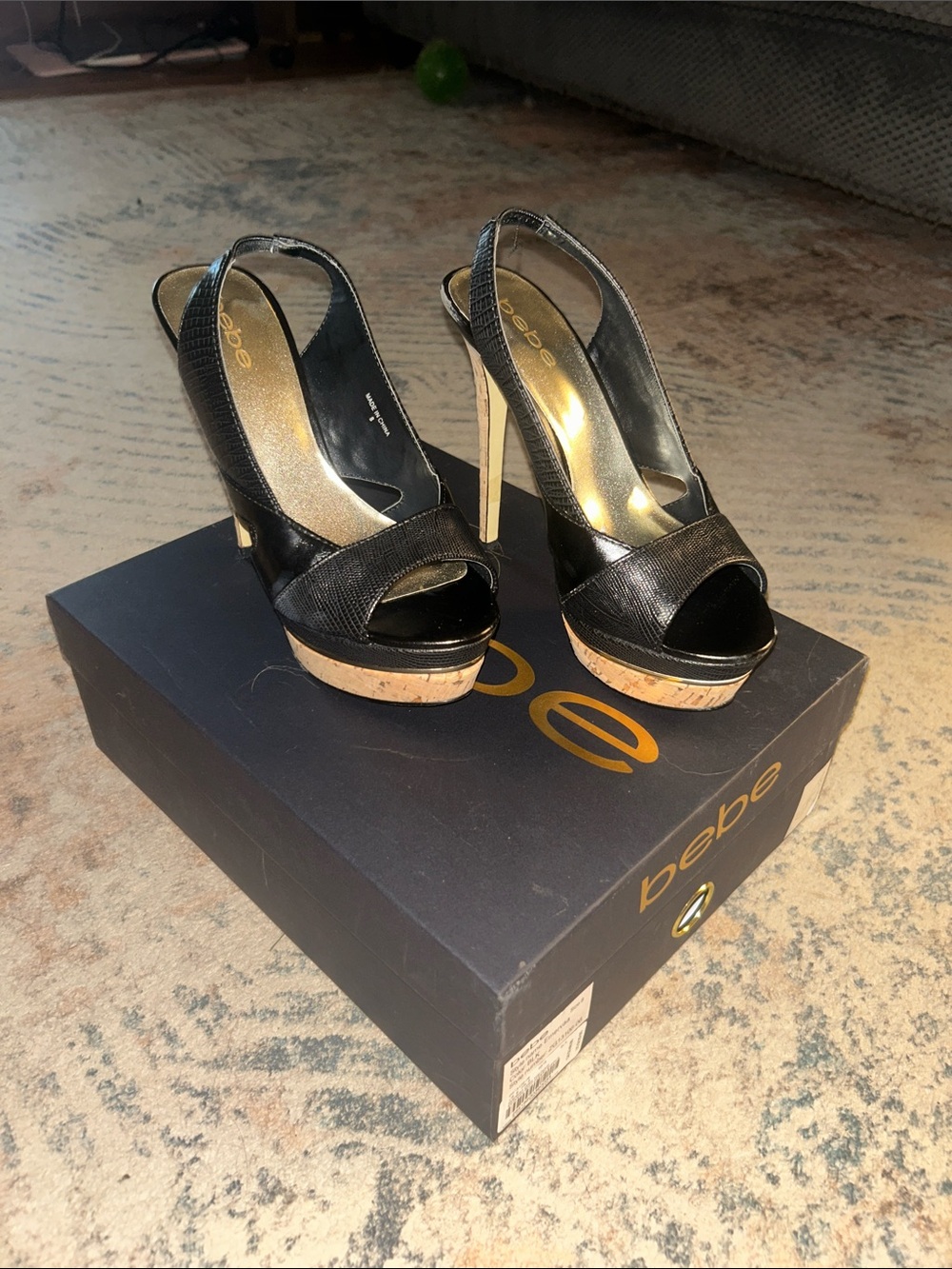 bebe Black Peep-Toe Cork Platform Slingback Heels